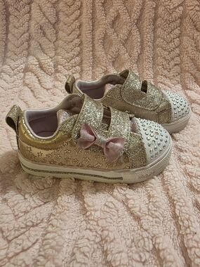 Skechers Crystal Stars Gold/Pink Glitter Sneakers with Bow